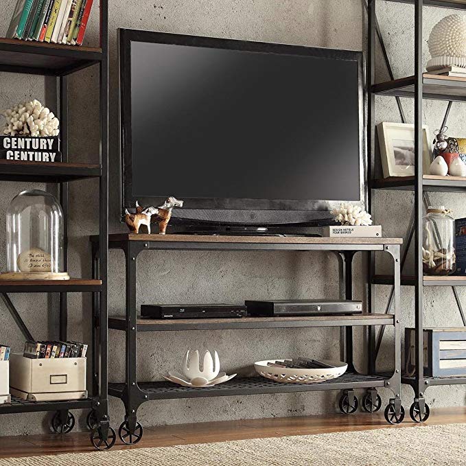 ModHaus Living Modern Industrial Rustic Riveted Black Metal & Wood TV Stand with Decorative Wheels - Includes (TM) Pen (65)
