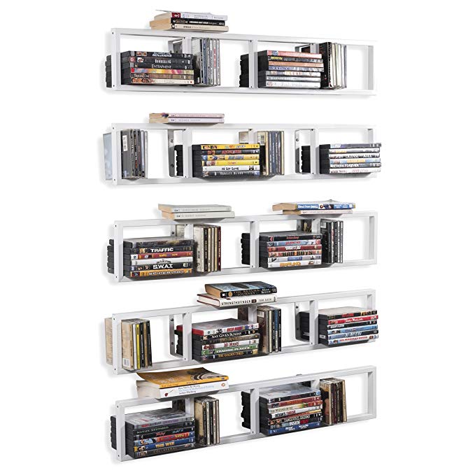 BHG Wall Mount Media Storage Rack Cd DVD Organizer 34 Inch Metal Floating Shelf Set of 5 White